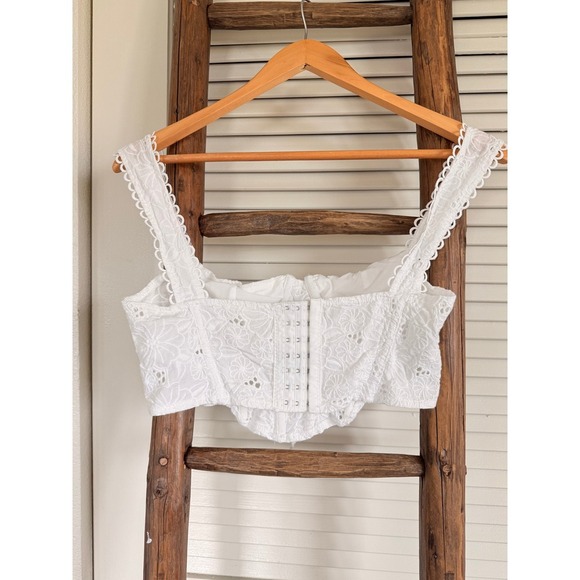 Mahina White Eyelet Lace Corset Crop Top Scalloped Trim Sleeveless Size M - Picture 2 of 3